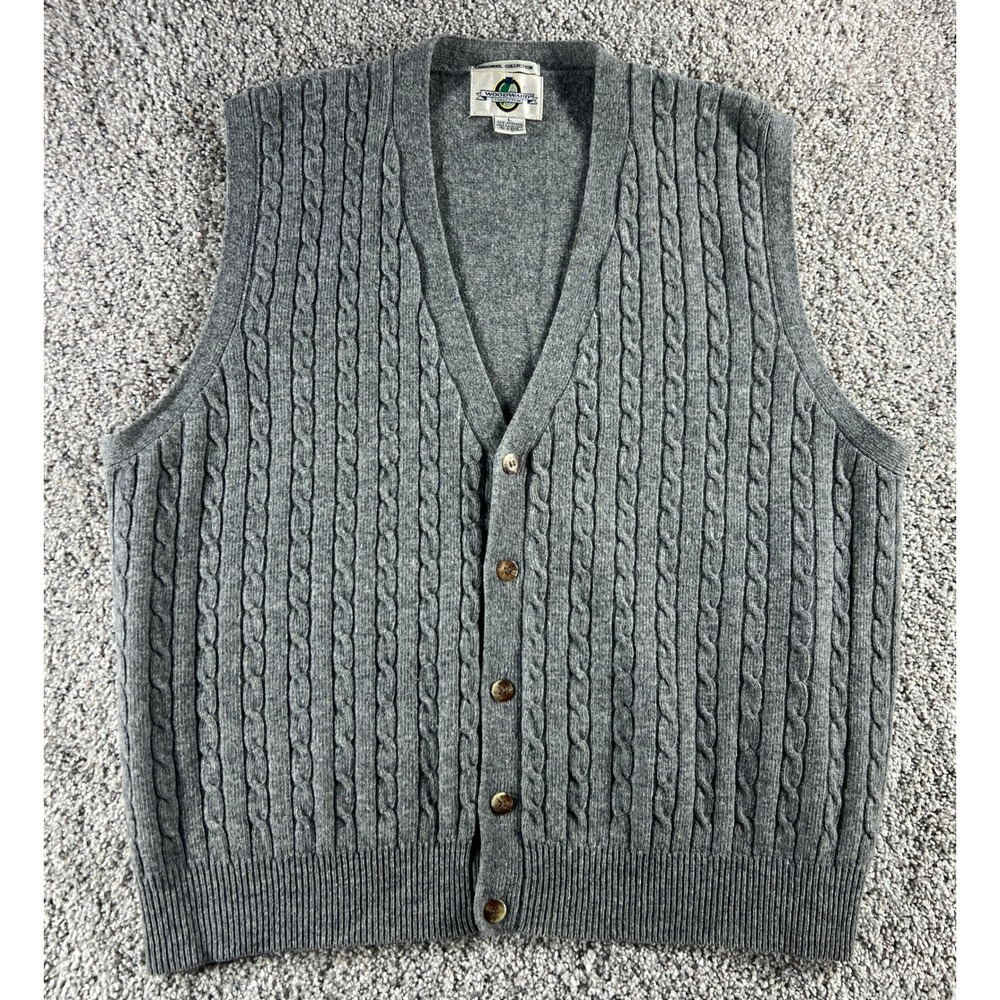 Vtg Woodward Mens Gray 100% Lambswool Cable Knit Button Front Sweater Vest Large